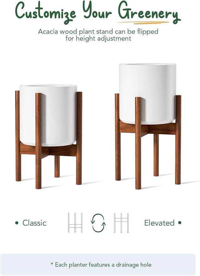 LE TAUCI 10 Inch Planter with Acacia Wood Stand, Ceramic Planter for Indoor Plants with Adjustable Plant Holder, Mid-Century Modern Home Decor, Round Flower Pots with Drainage Hole, White