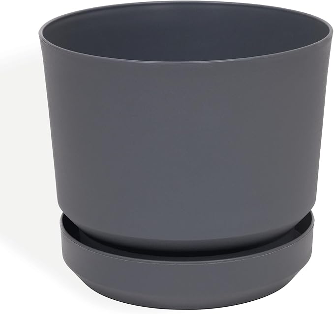Elly Décor 12 inch Plastic Cylinder Planter Pot with Self-Watering Saucer and Drainage Hole,Lightweight & Extremely Durable, 12"x 12", Gray