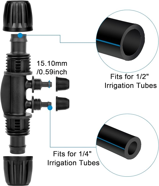 1/2 to 1/4 Drip Irrigation Fittings,20Pcs 4-Ways Barbed Tee 1/2 inch Drip Irrigation Tubing (1/2" ID x0.6-0.63" OD) 16mm to 1/4 inch Irrigation Tube Fitting Anti-Drop Barbed Connectors