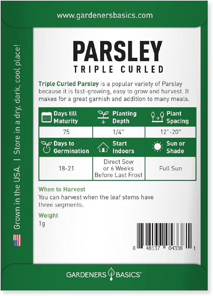 Gardeners Basics, Curled Parsley Seeds for Planting Indoors and Outdoors Heirloom, Open-Pollinated, Non-GMO Curly Herb Variety- Great for Home Gardens and More