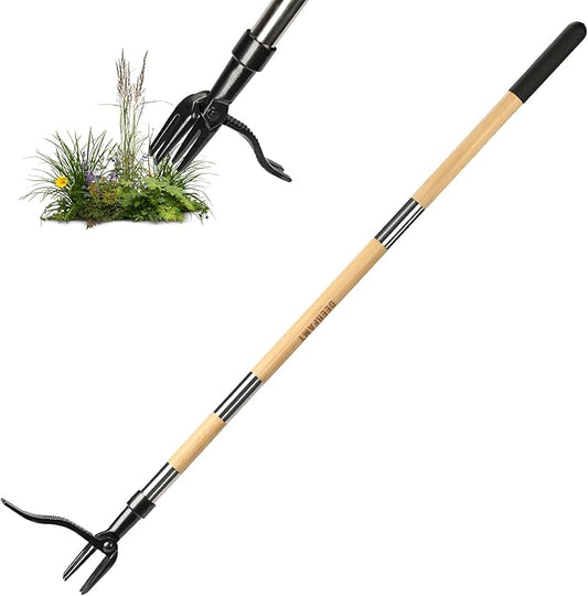DEERFAMY Stand Up Weed Puller Tool with Long Handle, Manual Weeder with 3-Section Bamboo Construction & 4-Claw Steel Head Design, Gardening Hand Tool for Easy Weed Removal