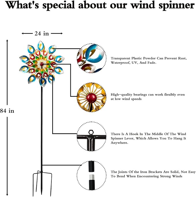 Wind Spinners, Large Metal Windmill 24" Dia 84" High, Outdoor Wind Sculpture & Spinners for Yard Garden Decor(Double Sided)