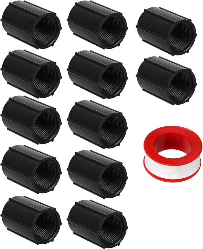 12pcs 3/4 Inch Double Female Hose Connector, Female Threaded PVC Coupling with Sealing Tape Sprinkler Pipe Adapter Fitting for Garden Drip Irrigation Systems Work