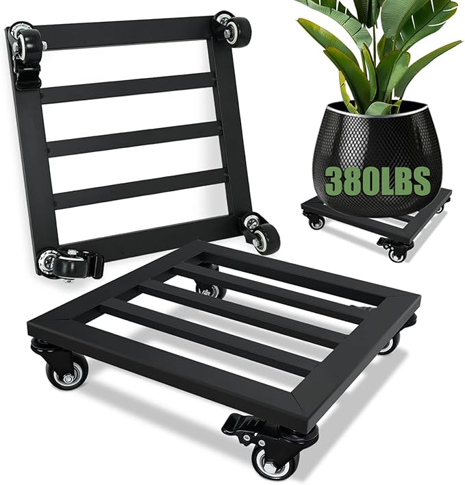 Plant Caddy with Wheels, 2 Pack 12 Inch Plant Stand with Wheels Metal Square Plant Dolly with Lockable Caster Wheels Heavy Duty Plant Dolly Base for Indoor Outdoor Holds up 380 Lbs Pots Planter, Black