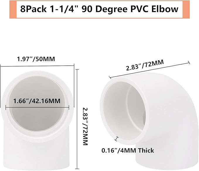 8Pack 1-1/4" 90 Degree Elbow PVC Pipe Fittings 2 Way Right Angle PVC Pipe Fitting, Furniture Build Grade SCH40 (Socket x Socket) 1.25" PVC Fitting Connectors for DIY PVC Shelf Garden Support Structure