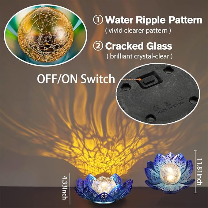 12 inches Solar Lights Outdoor Garden, Crackle Globe Glass Lotus Decoration, Waterproof LED Metal Flower Lights for Patio,Lawn,Walkway,Tabletop,Ground Gardening Gifts (Blue Hollow)
