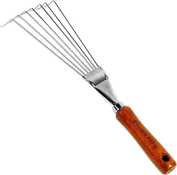 Japanese Hand Rake Garden Tool, Japanese Steel with Wood Handle, Small Rake for Leaves, Handheld Garden Cleaning Tool, Made in Japan, Silver