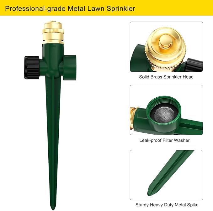 FANHAO 2 Pack Metal Lawn Sprinkler for Yard, Automatic Garden Water Sprinkler on Spike Base, Adjustable Brass Sprinkler Nozzle 360 Degree Large Area Coverage for Lawn Grass Patio Garden Irrigation