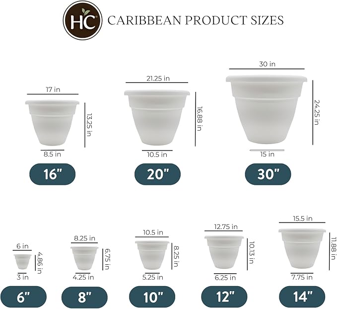 The HC Companies 6 Inch Caribbean Planter - Lightweight Indoor Outdoor Plastic Plant Pot for Herbs and Flowers, White (4 Pack)