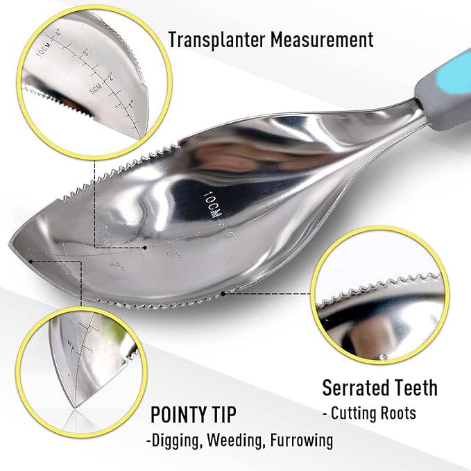 Jardineer Multi-Use Soil Scoops, Stainless Steel Garden Trowel, All-in-One Cultivator, Weeder, Transplanter (Blue)