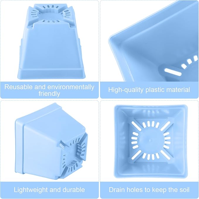 100 Pieces 4 Inch Flower Pots Square Plants Nursery Pot Plastic Plant Seedling Pots Nursery Transplanting Planter Container with Saucer for Indoor Herbs Succulents Balcony Garden Office (Blue)