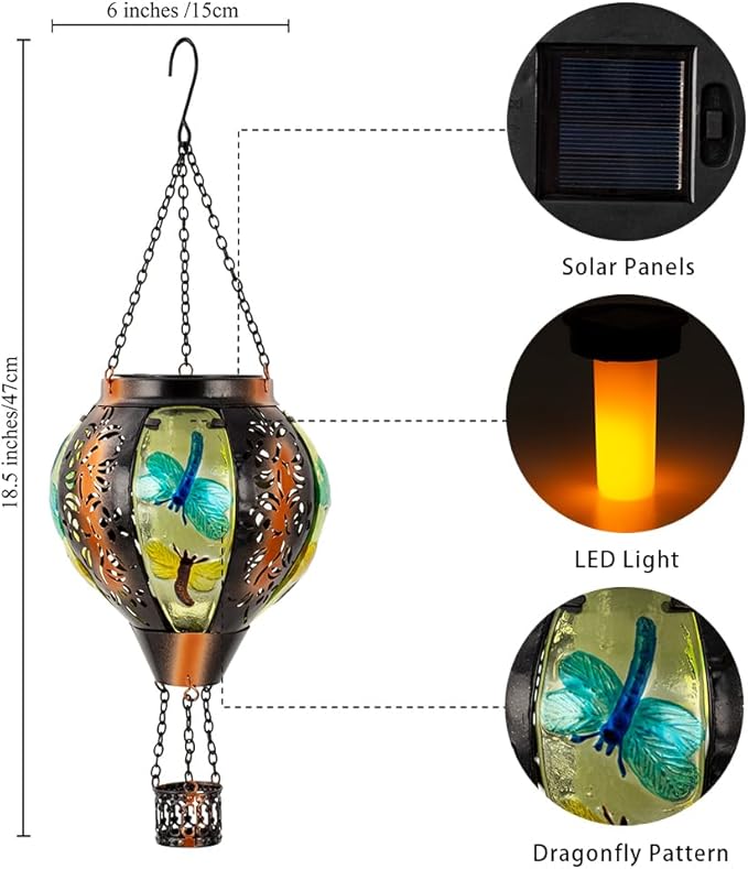 Dragonfly Solar Hot Air Balloon Lantern with Flame, Light Solar Outdoor Lantern Hanging Lanterns Decor for Garden Yard Patio, Dragonfly Gifts for Women Mom Grandmom
