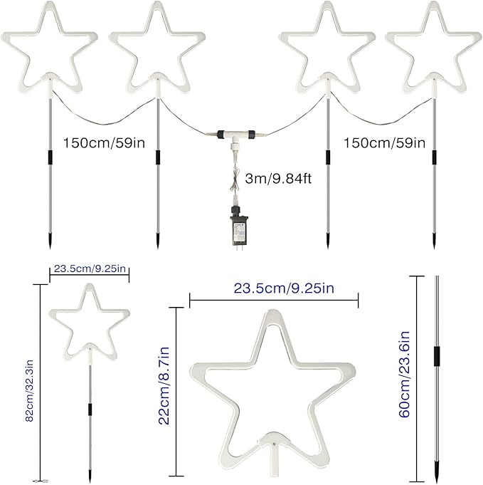 4th of July Decorations Red White and Blue Light, 4PCS Big LED Neon Star Pathway Lights Outdoor, Patriotic Garden Stake Lights with 8 Modes Waterproof for Independence Day Yard Lawn Decor