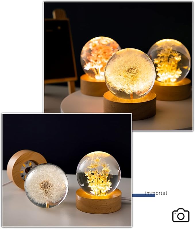 Flower Crystal Ball Night Light, 2.4 inch Glass Ball Night Lamp with Woodern Base (Yellow Daisy)