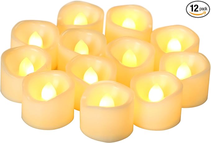 12 Pack Battery Operated Flameless LED Votive Tealight Candles Realistic Flickering Electric Tea Lights Set Bulk Halloween Pumpkin Jack O Lantern Party Wedding Decorations Centerpieces Batteries Incl.