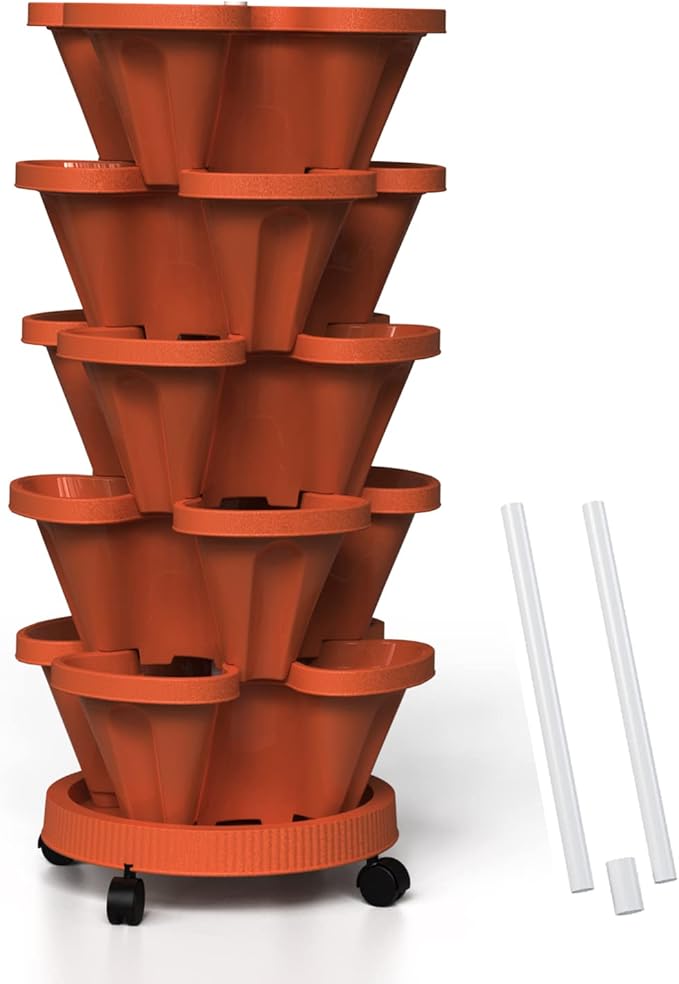 Strawberry Vertical Planter, 5 Tiered Stacking Garden Tower, Stackable Herb Vegetable Planters with Support Pole Indoor and Outdoor - Terra Cotta