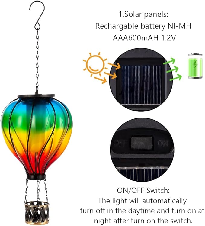 Starsoul Glass Hot Air Balloon Solar Lantern with Flickering Flame Light Colorful Solar Powered Hot Air Balloon Lamp Waterproof Hanging Solar Lantern for Garden Yard Patio Porch Decor