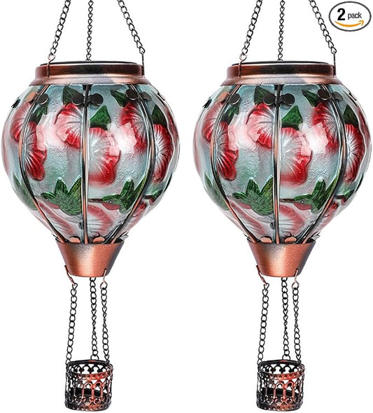2PC Hot Air Balloon Solar Lantern with 2PC Shepherd Hook, Flickering Flame Hanging Solar Lanterns Outdoor Lights Waterproof Lanterns for Garden Patio Yard Party Decor (Hummingbirds & Flowers)