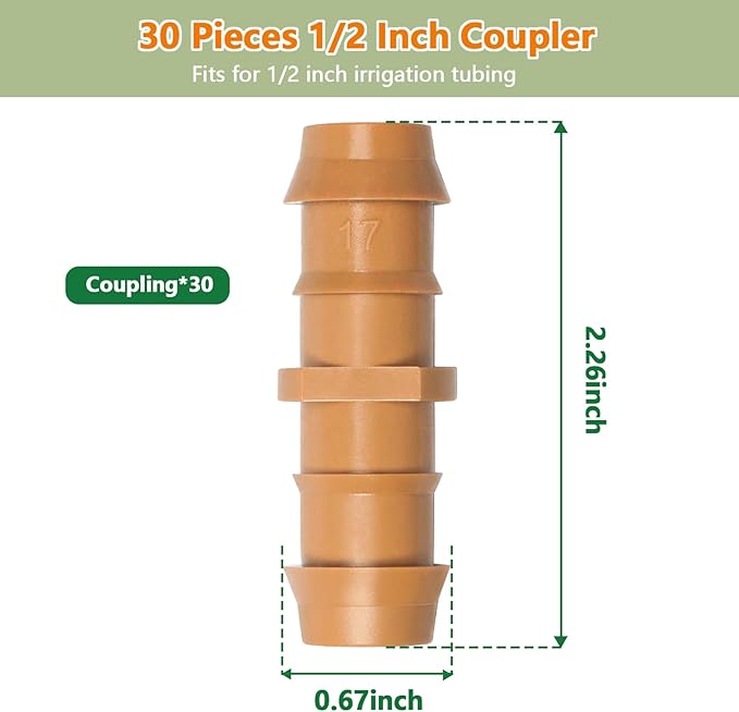 30 Pieces Drip Irrigation Fittings Coupling Connectors for 1/2" Tubing, Drip Barbed Couplers for 1/2 Inch Irrigation Tubing Drip Line Couplings for Drip Sprinkler Garden Systems
