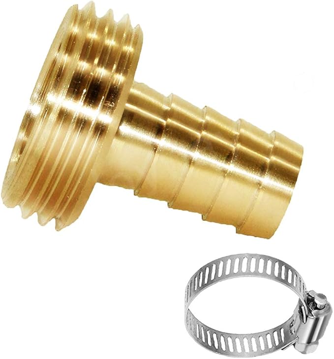 Joywayus 5/8" Barb x 3/4" Male GHT Thread Round Brass Garden Water Hose Pipe Connector Copper Fitting with Stainless Clamp House/Boat/Lawn/Power Wash/Irrigation