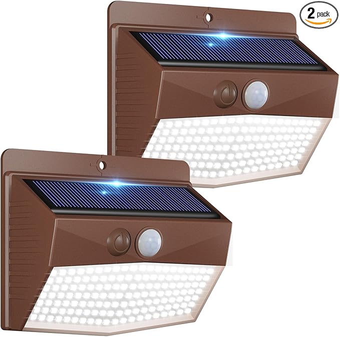 Peasur 2 Packs Solar Outdoor Lights Motion Sensor Solar Security Lights Waterproof with 3 Lighting Modes Solar Powered Wall Lights Outside for Garden Fence Yard Deck, Brown