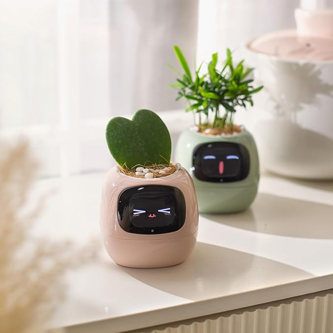 Smart pet Planter Robot Guidance on Plant Care with Emojis, Adorable Plant Companion with Rich Gesture Interaction, Neat Desk Setup Gift (Yellow)