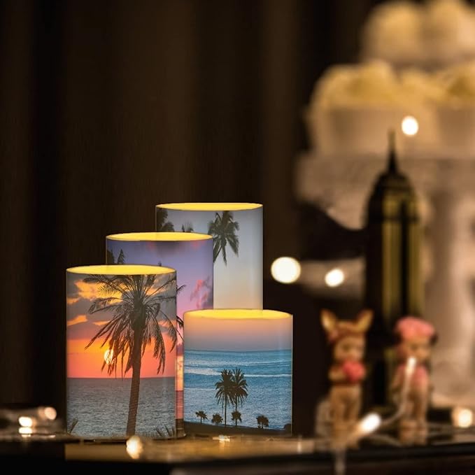 Flameless Light Candles for Home Decor, Battery Operated Candles with Color Changing Timer Remote Control 3'' 4'' 5'' 6'' Fake Pillar Candles Tealights, Coconut Tree Various