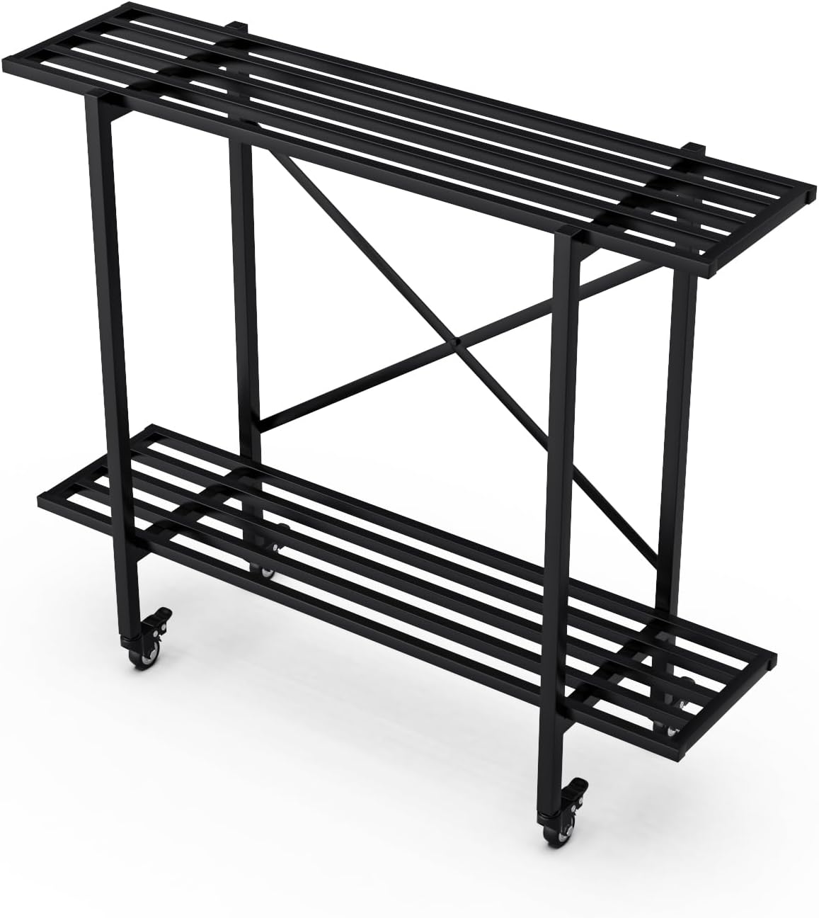 Zhongma 2 Tier Metal Sturdy Narrow Plant Stand with Wheels, Plant Stand Indoor and Outdoor, L35.43 x W10.3 x H29.9 inch, 440 LBS Capacity & Heavy Duty Construction.