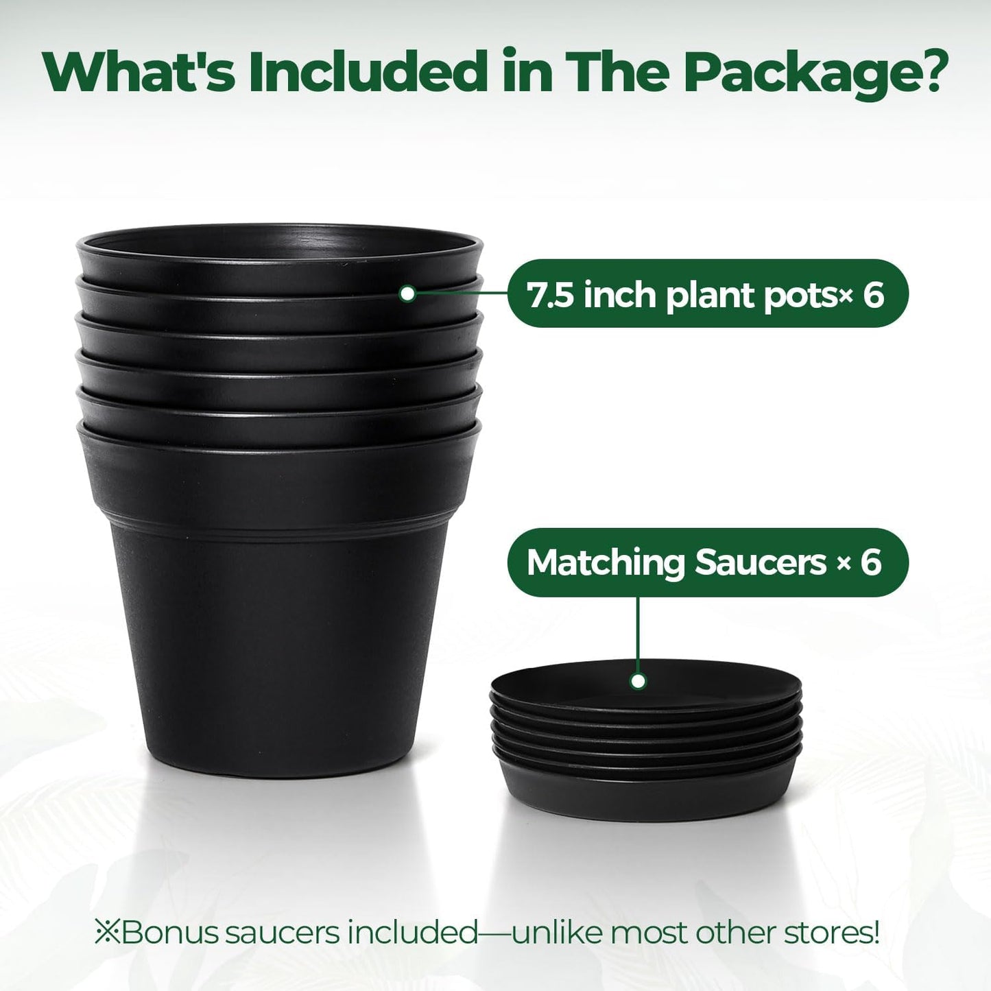 T4U 7.5 Inch Plant Pots 6 Pcs, Flower Pots for Indoor Plants Plastic Pots for Plants with Drainage Holes and Saucer, Planters for Indoor Plants for House Cactus Succulent Black