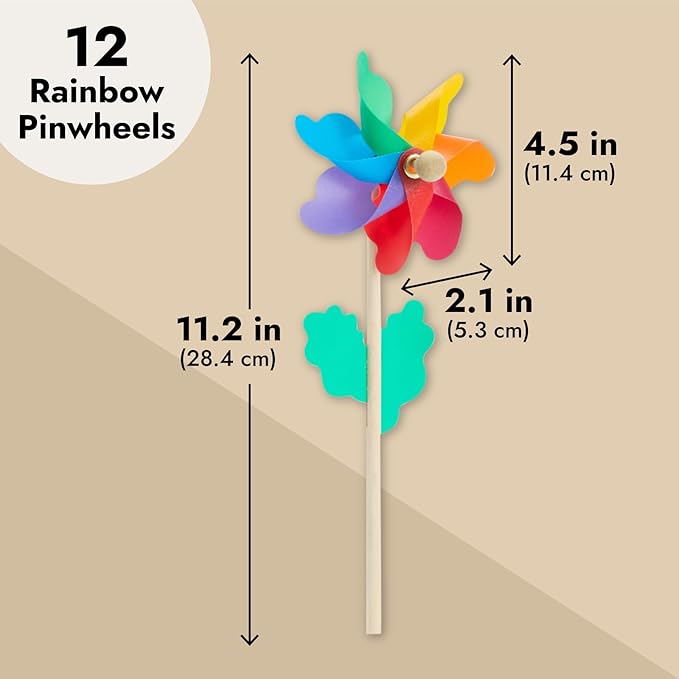 BLUE PANDA 12-Pack Rainbow Flower Pinwheels for Yard and Garden - Wind Spinners and Outdoor Party Favors for Kids, Pride and Birthday Decorations