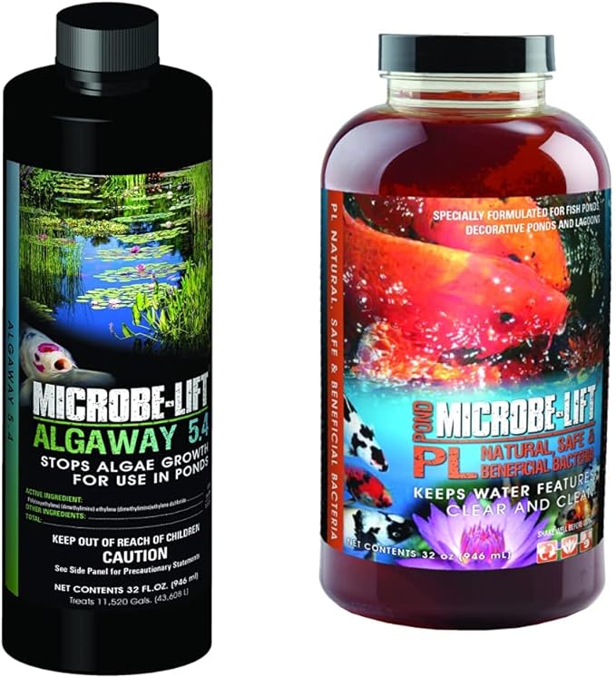 MICROBE-LIFT Algae Control Bundle for Ponds and Water Gardens, Includes ALGA32 Algaway 5.4 (32 oz) + PL Pond Bacteria and Outdoor Water Garden Cleaner (32 oz)