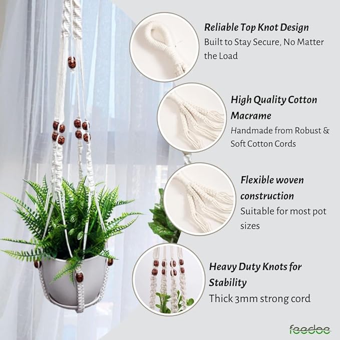 2 Pack Plant Hanger Indoor, Hanging Plant Holder, Macrame Plant Hangers, Handmade Boho Plant Hanger with Wood Beads, No Tassels Indoor Outdoor Flower Pots Holder, Home Décor Ivory (POTS NOT Included)