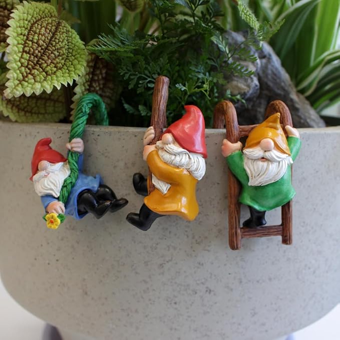 Set of 3 Garden Gnome Statues for Plant Pots Whimsical Climbing Dwarf Figurines Outdoor Garden, Patio, and Home Decor (A)