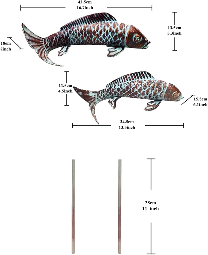 Set of 2 Koi Fish Decor Outdoor Statues Sculptures Antique Copper Garden Pond Fishes Art Metal Koi Fish Statue Outside Garden Décor Ornaments for Outdoors,Patio,Yard,Lawn,Pond,Home Decorations