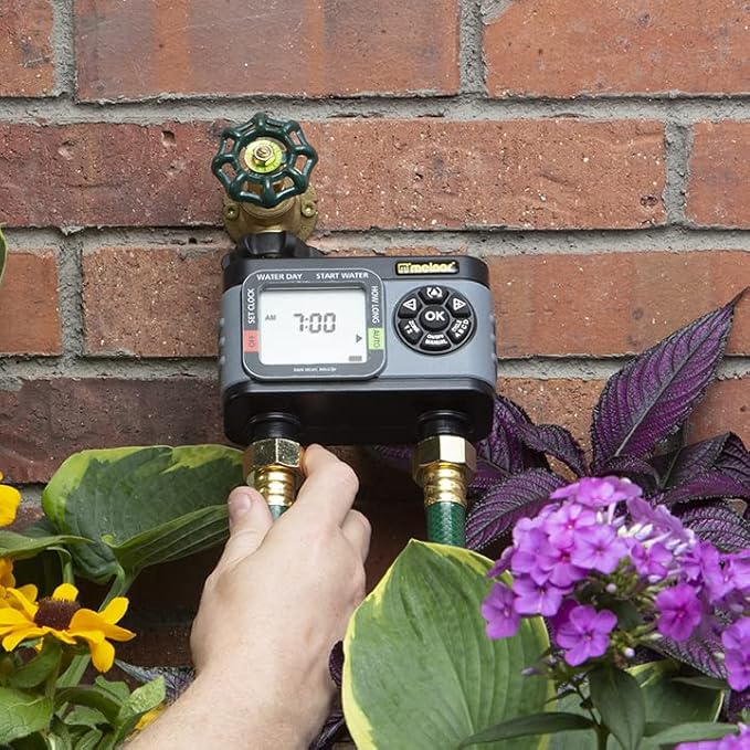 Melnor 65166AMZ HydroLogic Digital Hose Timer, 2-Zone Programmable Watering Timer, Quick Connect Bundle, Black, Grey