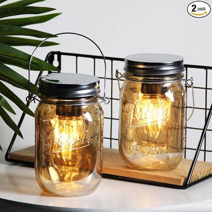 Outdoor Mason Jar Lights Hanging, 2-Pack LED Decorative Garden Lanterns with Timer, Battery Operated Vintage Glass Light for Patio Camping Courtyard Backyard Tree Hallway Stairs Farmhouse (2*Amber)