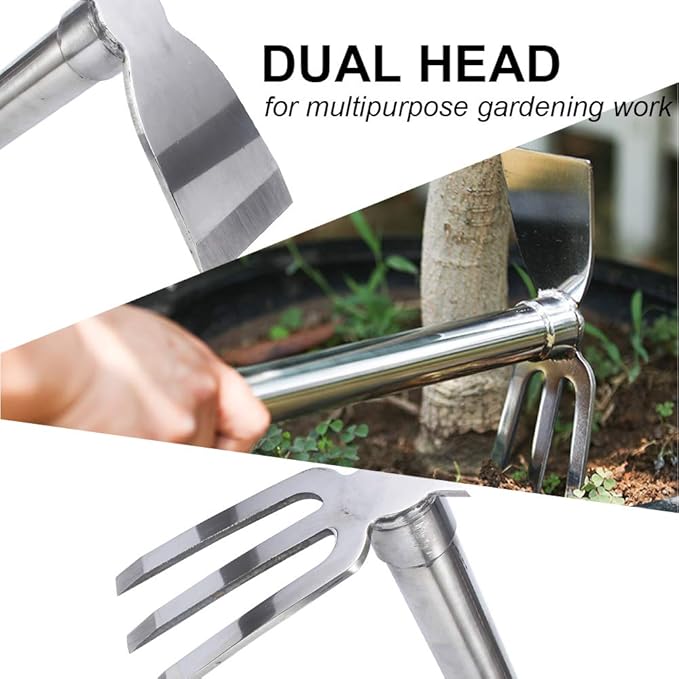 LUBAN Stainless Steel Garden Hoe Rake Hand Tool, 15" Metal Hand Hoe & 3 Prong Cultivator Dual Headed Gardening Tool for Weeding, Digging, Seeding Multipurpose