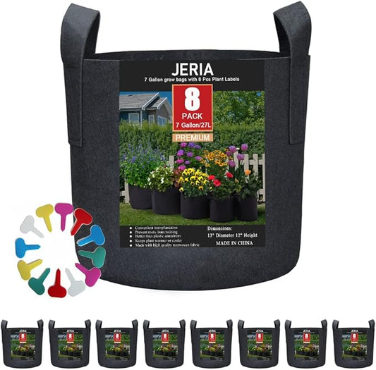JERIA 8-Pack 7 Gallon Grow Bags, Aeration Fabric Pots with Handles, Heavy Duty Thickened Nonwoven Grow Pots with 8 Pcs Plant Labels