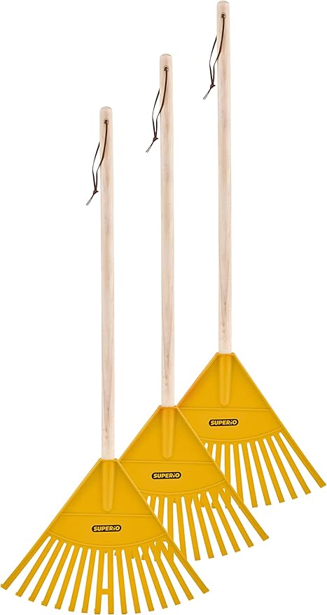 Pack of 3 Kids Rake with Hardwood Handle, Durable Plastic Head to Sweep Leaves in Lawn and Tidying Up The Garden, 34" (Yellow)