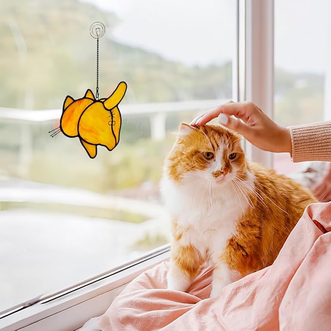 Orange Cat Decor Stained Glass Suncatcher for Window,Funny Cat Gifts for Cat Lovers Stained Glass Window Hanging,Cat Themed Gifts Cat Lovers Gifts for Women Girls Friends Mom