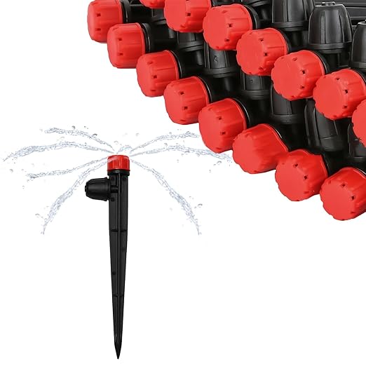 50 Pieces Drip Irrigation Emitters, Adjustable 360 Degree Drip Stream Emitters on 5" with Stake for 1/4" Drip Irrigation Tubing Irrigation 8 Hole Stream Drippers for Garden Watering System