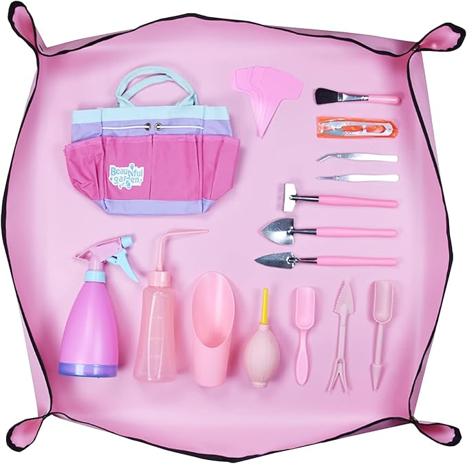 CFH-Allez 21 Pieces Succulent Plants Tools,Gardening Succulent Transplanting Hand Tool +Succulent Garden Pad Miniature Planting Collapsible Waterproof Planter Gardening Mat+Garden Bucket Bag (Pink)