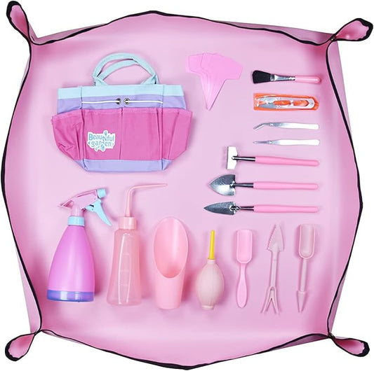 CFH-Allez 21 Pieces Succulent Plants Tools,Gardening Succulent Transplanting Hand Tool +Succulent Garden Pad Miniature Planting Collapsible Waterproof Planter Gardening Mat+Garden Bucket Bag (Pink)