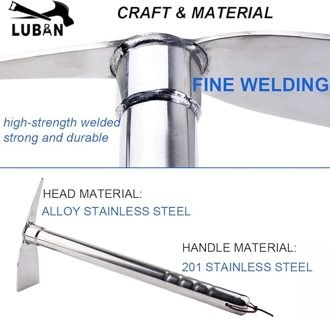 LUBAN Stainless Steel Garden Hoe Pick 15-inch Length Lightweight Weather Resistant Metal Multipurpose Hand Tool for Gardening Cultivator Weeding Seeding Turning Soil