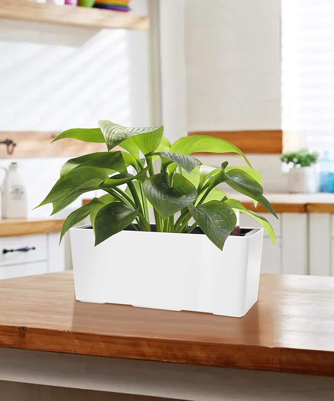 SAROSORA 14" Rectangle Self Watering Planter with Water Level Indicators for Plants & Flower Home Garden Outdoor Indoor Succulent | Herb pots | Window Box (1, White)