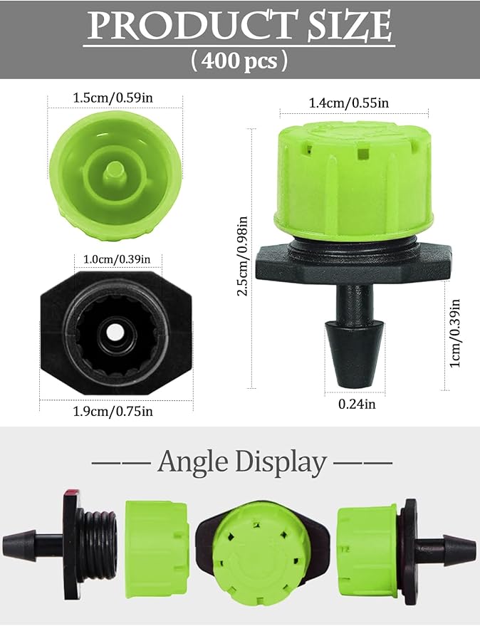 Kalolary 400Pcs Adjustable Irrigation Drippers Parts, 1/4 Inch Automatic Irrigation Anti-Clogging Emitters Micro Ffittings for 4mm/7mm Watering System Drippers Garden Supplies(Green)