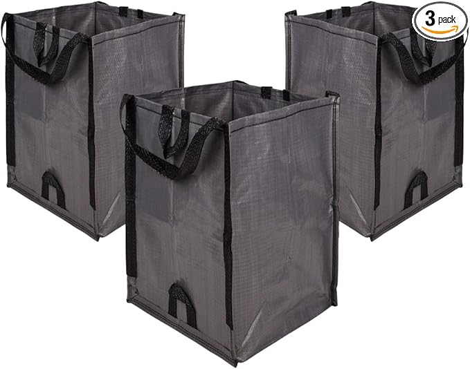 DURASACK Heavy Duty Home and Yard Waste Bag 48-Gallon Woven Polypropylene, Reusable Lawn and Leaf Garden Bag with Reinforced Carry Handles, Pop-Up Self-Standing Garbage Can, Gray, Pack of 3