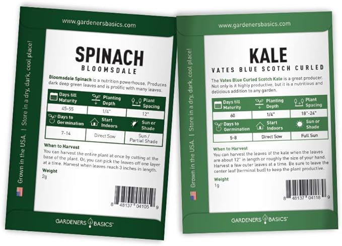 Lettuce and Greens Heirloom Vegetable Seed Non-GMO Seeds for Planting Indoors and Outdoor 5 Packs - Lettuce Buttercrunch, Romaine, Arugula, Kale and Spinach By Gardeners Basics