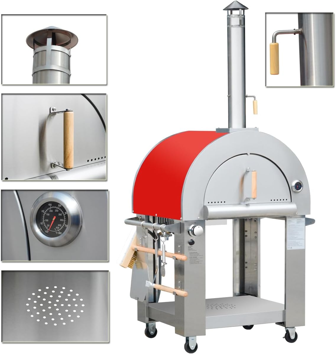 32.5 inch Propane Gas and Wood Fired Pizza Oven with Waterproof Cover, Large Stainless Steel Pizza Oven for Outdoor, Backyard and Party (Red)