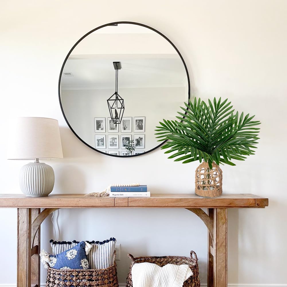 Fake Plants 14.2" Faux Palm Plant in Glass Vase, Realistic Tropical Fake Palm House Plants Artificial Palm Leaves Greenery Stems for Home Bathroom Office Farmhouse Balcony Shelf Centerpiece Décor